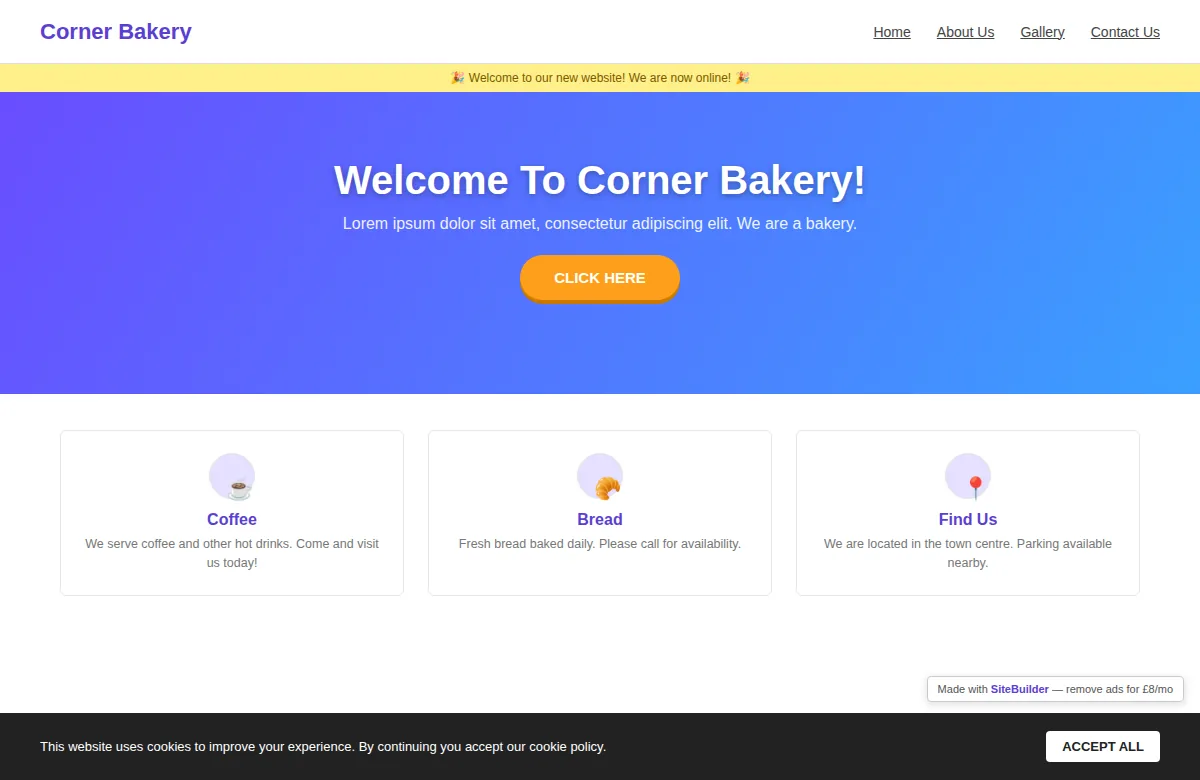 The bakery's home page as a DIY builder template: a generic purple gradient, placeholder text, a cookie banner and a 'made with' badge