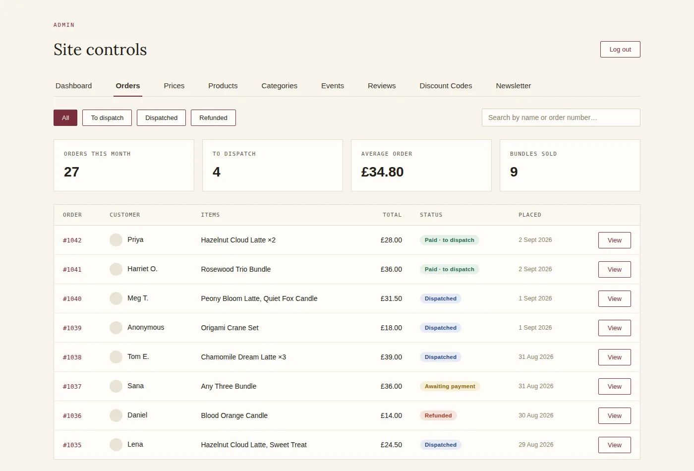 An admin orders page listing recent orders with customer, items, total, status and date, plus counts for orders this month and orders to dispatch