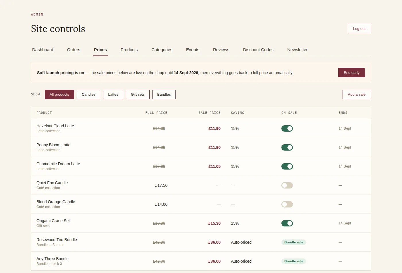 An admin prices page with soft-launch sale pricing switched on, showing full and sale prices per product and auto-priced bundles