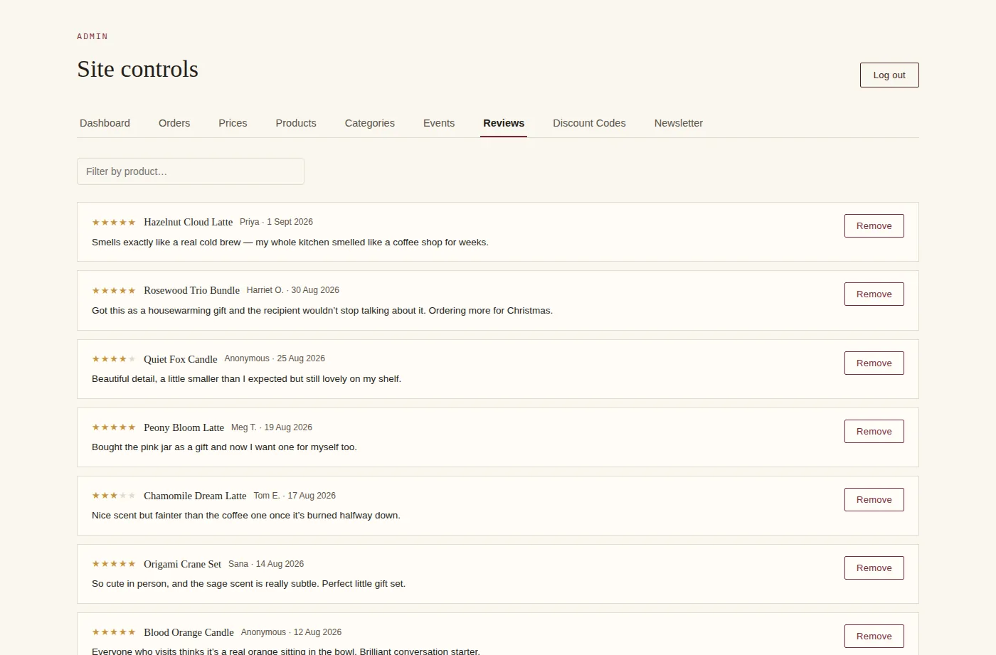 An admin panel for managing product reviews, showing star ratings, reviewer names and comments, with a remove button for each