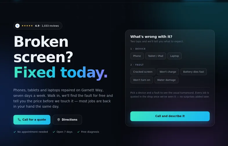 Concept homepage for a phone and laptop repair shop