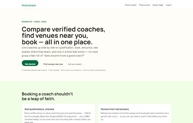 The Find a Coach homepage — compare and book sports coaches