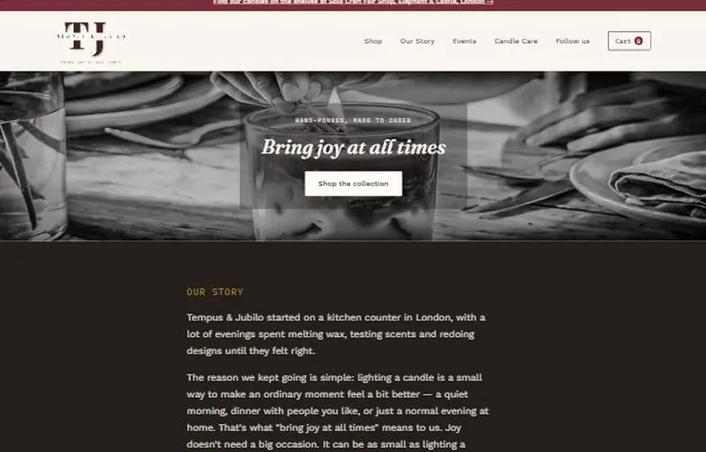 The Tempus & Jubilo homepage — hand-poured candles